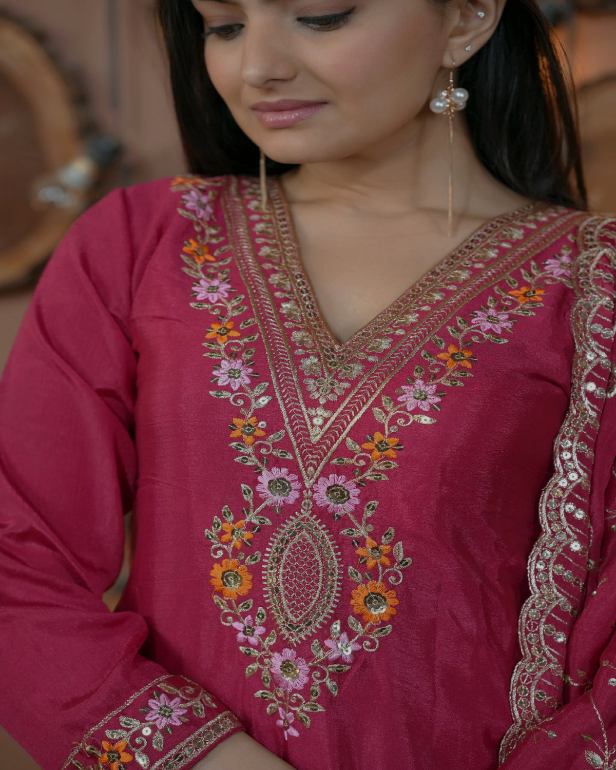 Dark Pink Sequins Embroidery Work Chinon Suit – Kalyanja
