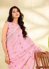 Pink Handloom-Style Weaving Linen Silk Saree