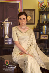 beige embroidery work satin banarasi silk saree - kalyanja