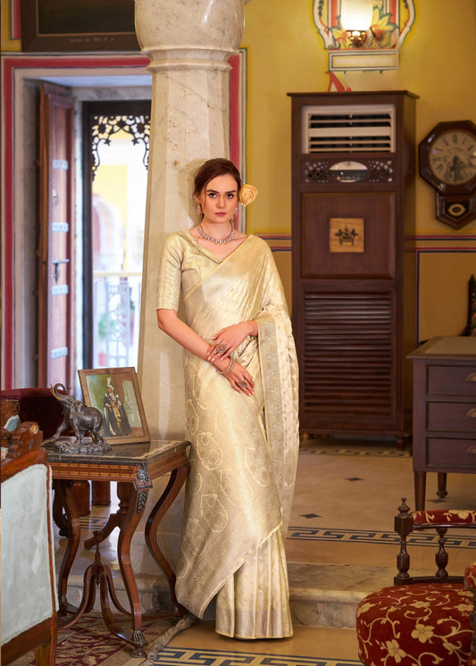 Beige Embroidery Work Satin Banarasi Silk Saree