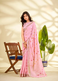 Pink Handloom-Style Weaving Linen Silk Saree