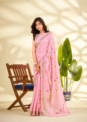 Pink Handloom-Style Weaving Linen Silk Saree