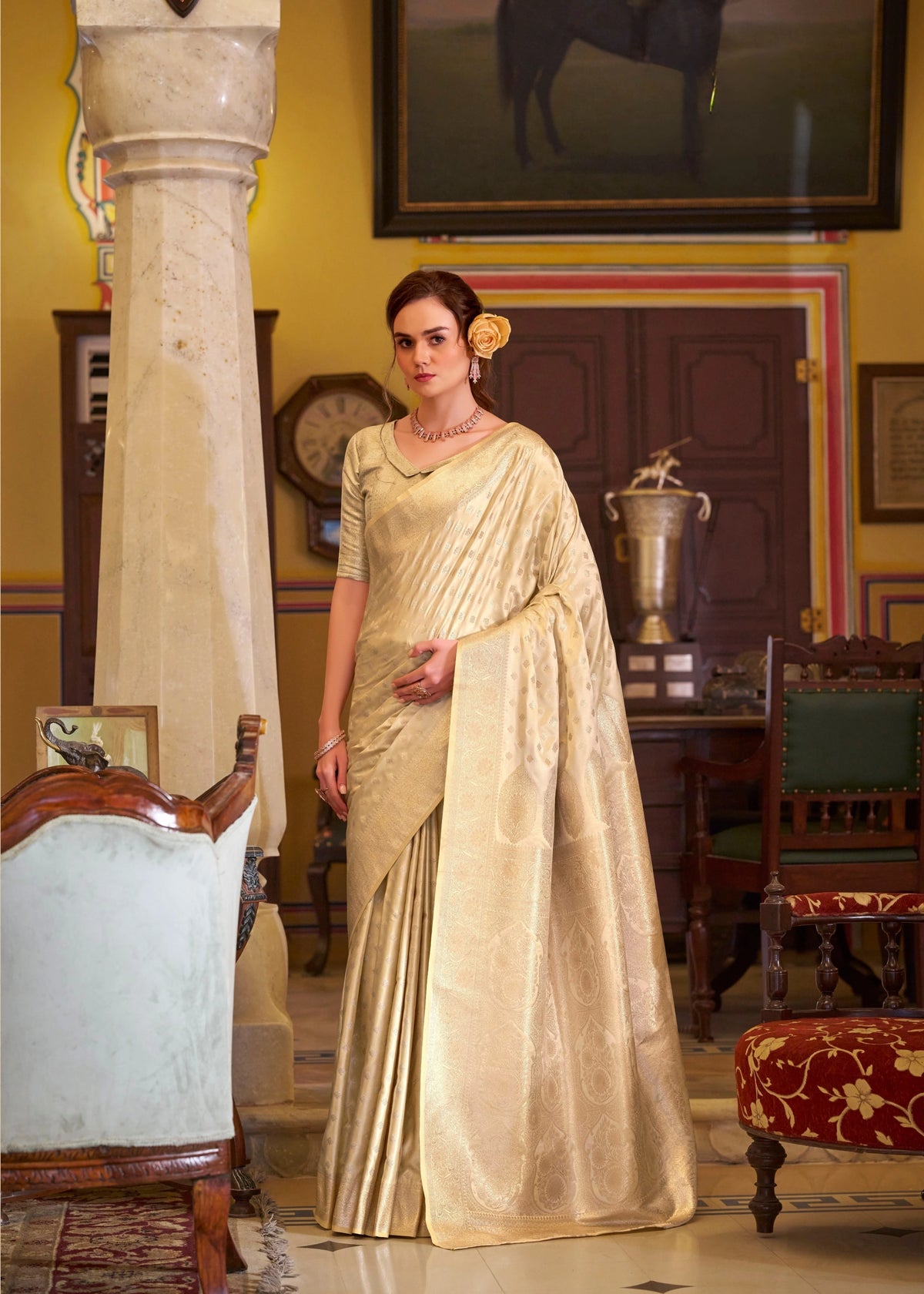 Beige Embroidery Work Satin Banarasi Silk Saree
