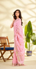 Pink Handloom-Style Weaving Linen Silk Saree
