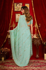 Mint Green Prada Silk Blend Saree – Beads with Sequins & Cutwork Border