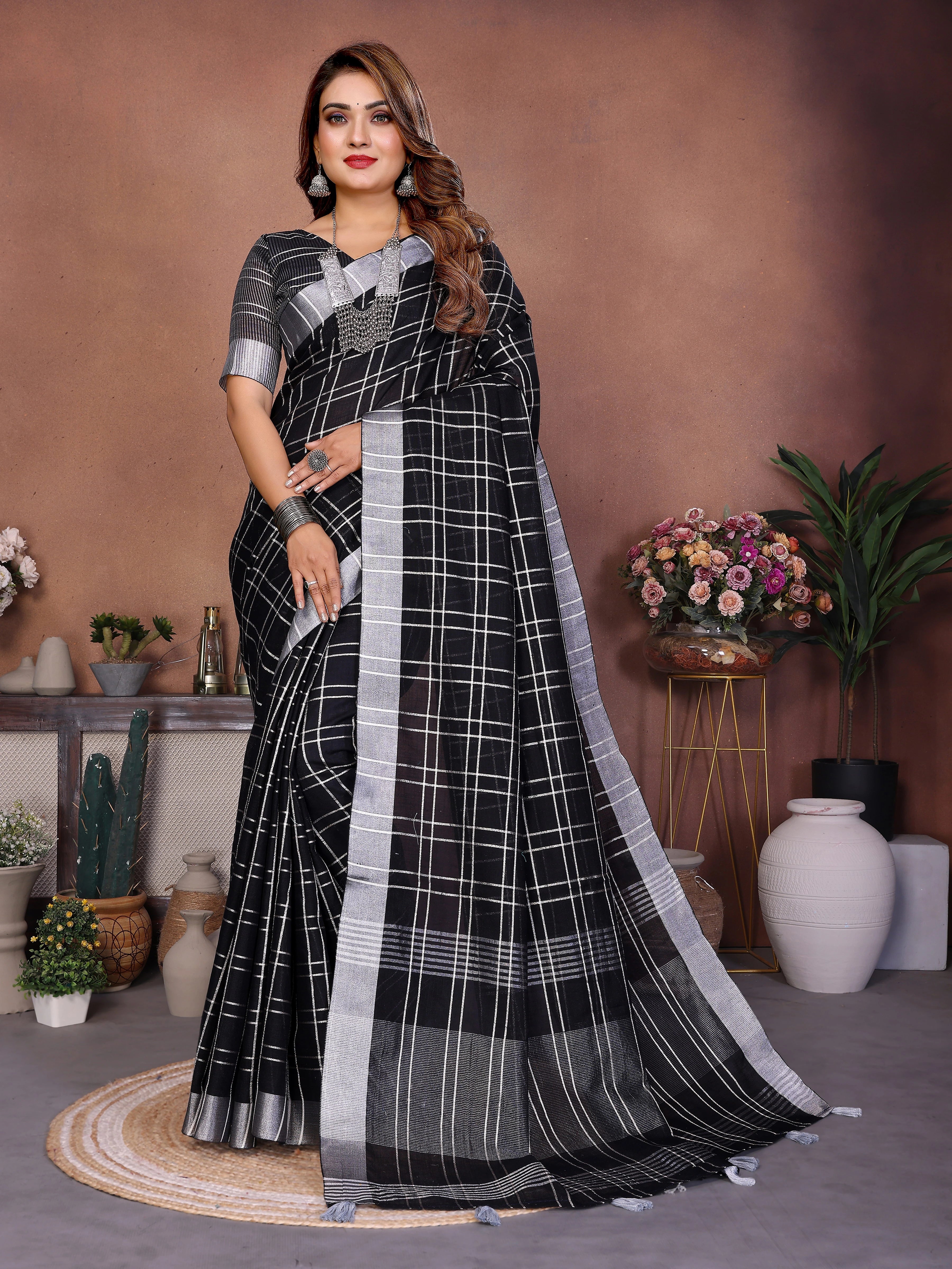 Black Ached Weaving Soft Linen Saree