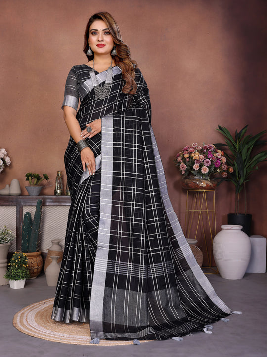 Black Ached Weaving Soft Linen Saree - kalyanja