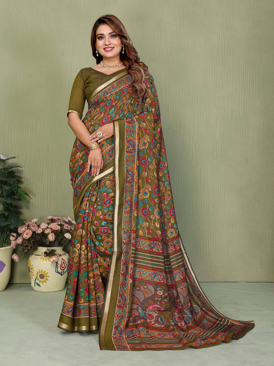 Mehendi Kalamkari Print Mul Cotton Saree – Kalyanja
