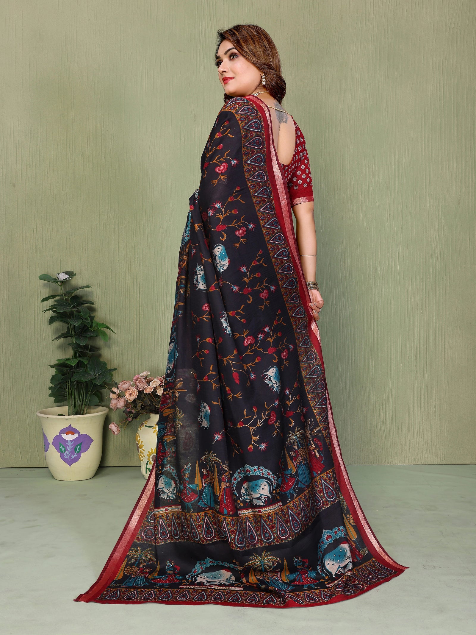Black and maroon Kalamkari print Mul cotton saree – Kalyanja.