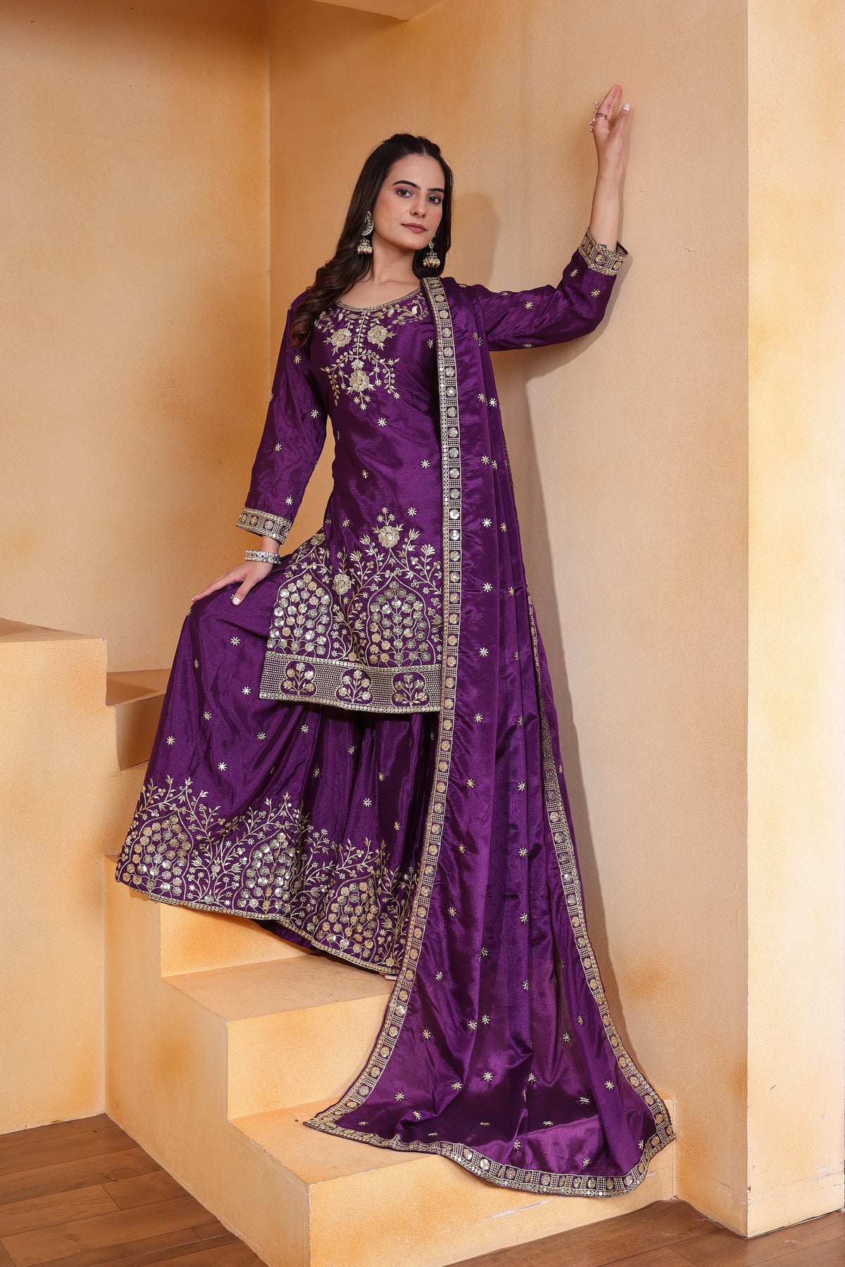 Wine Sequins Embroidery Work Chinon Suit – Kalyanja
