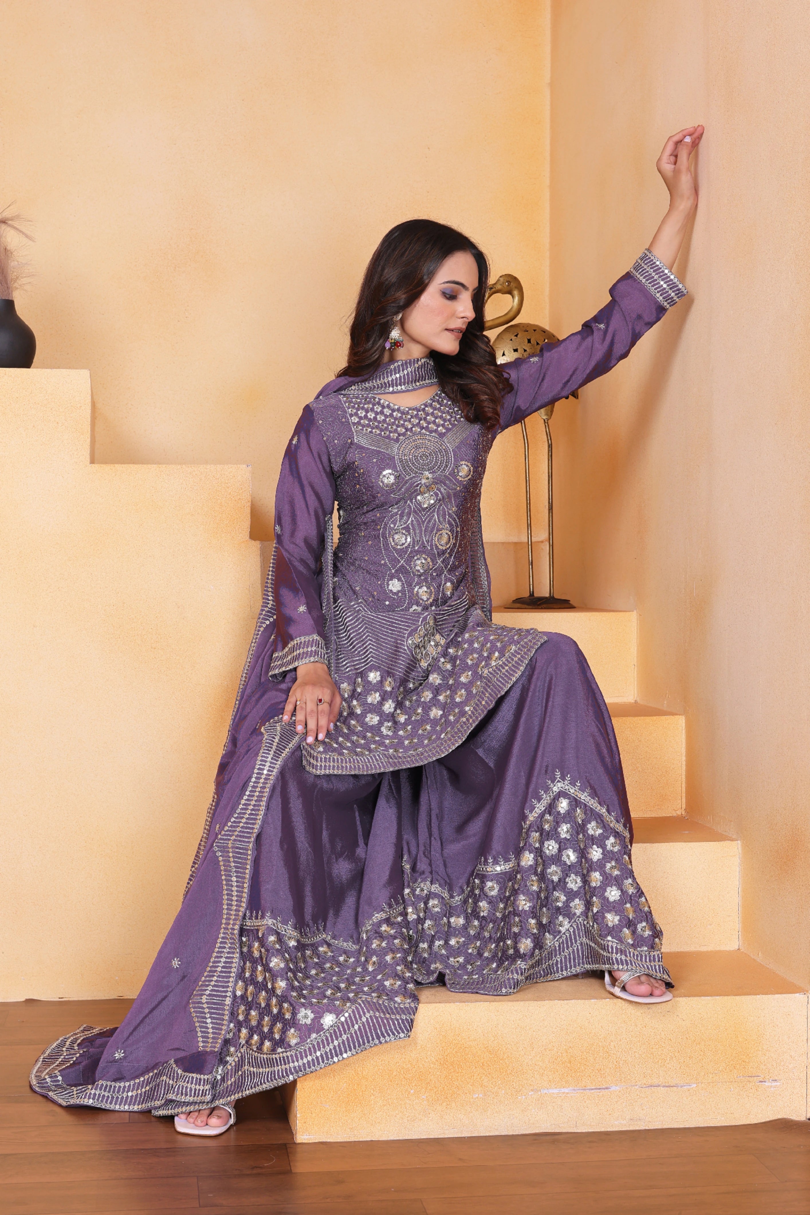 Lavender Sequins Embroidery Work Chinon Suit