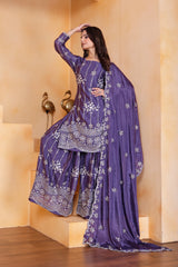 Purple Chinon Sequins Embroidery Work Suit