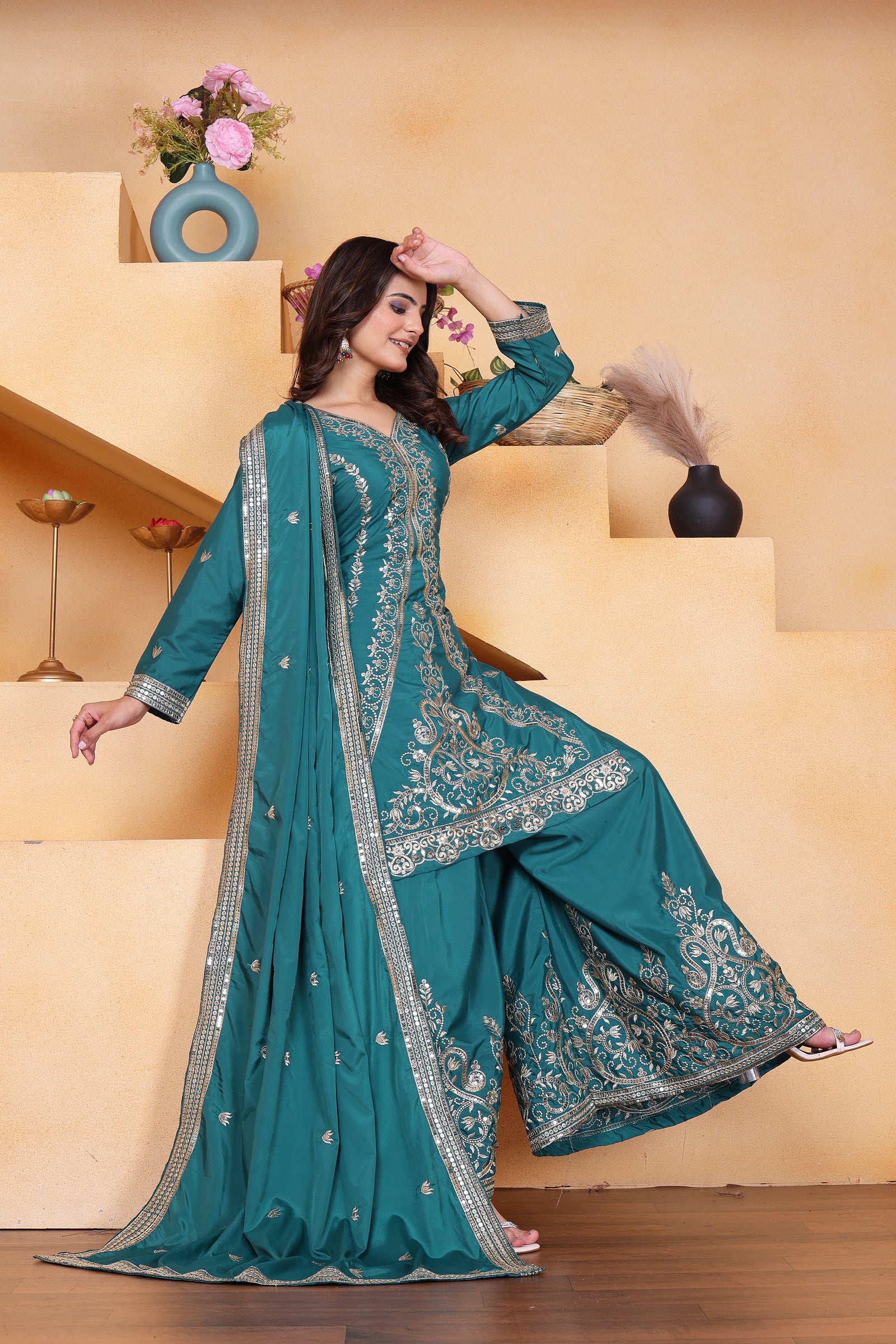 Rama Blue Sequins Embroidery Work Natural Crepe Suit - kalyanja