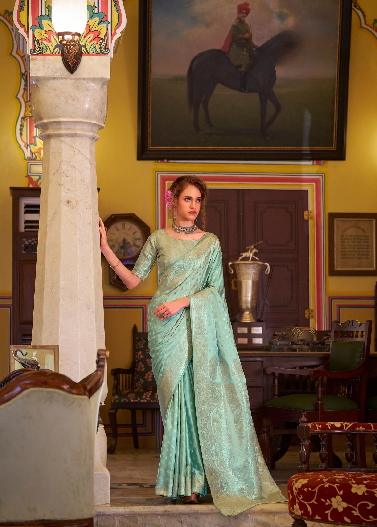 Sky Blue Embroidery Work Satin Banarasi Silk Saree