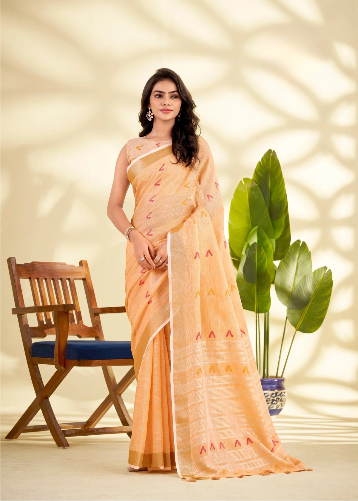 Orange Handloom-Style Weaving Linen Silk Saree