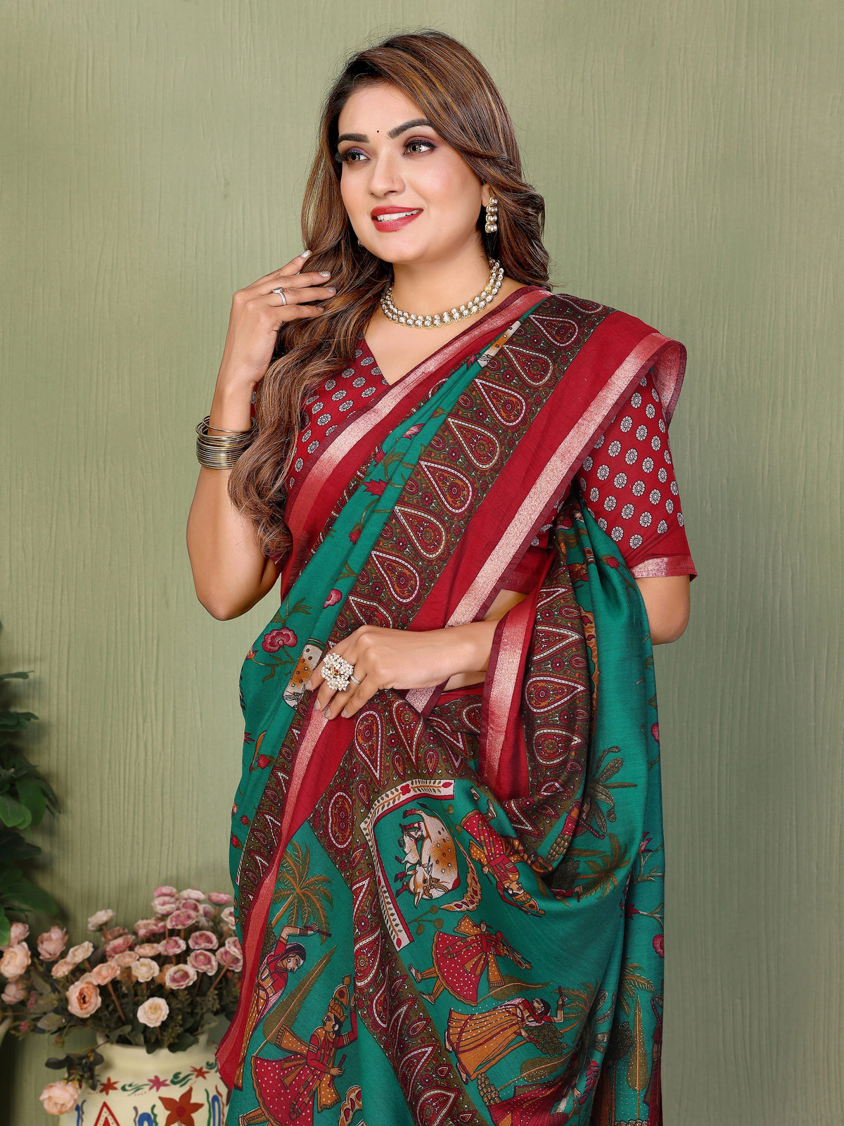 Kalamkari print green Mul cotton saree – Kalyanja.