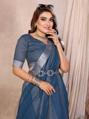 Blue Zari Border Soft Linen Cotton Saree
