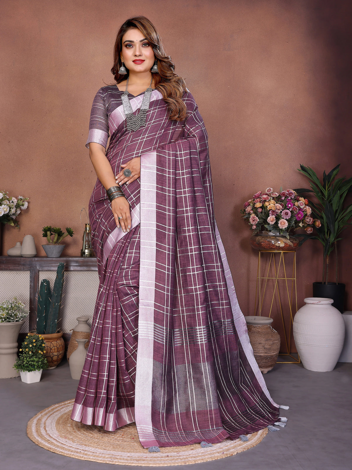 Purple Ached Weaving Soft Linen Saree
