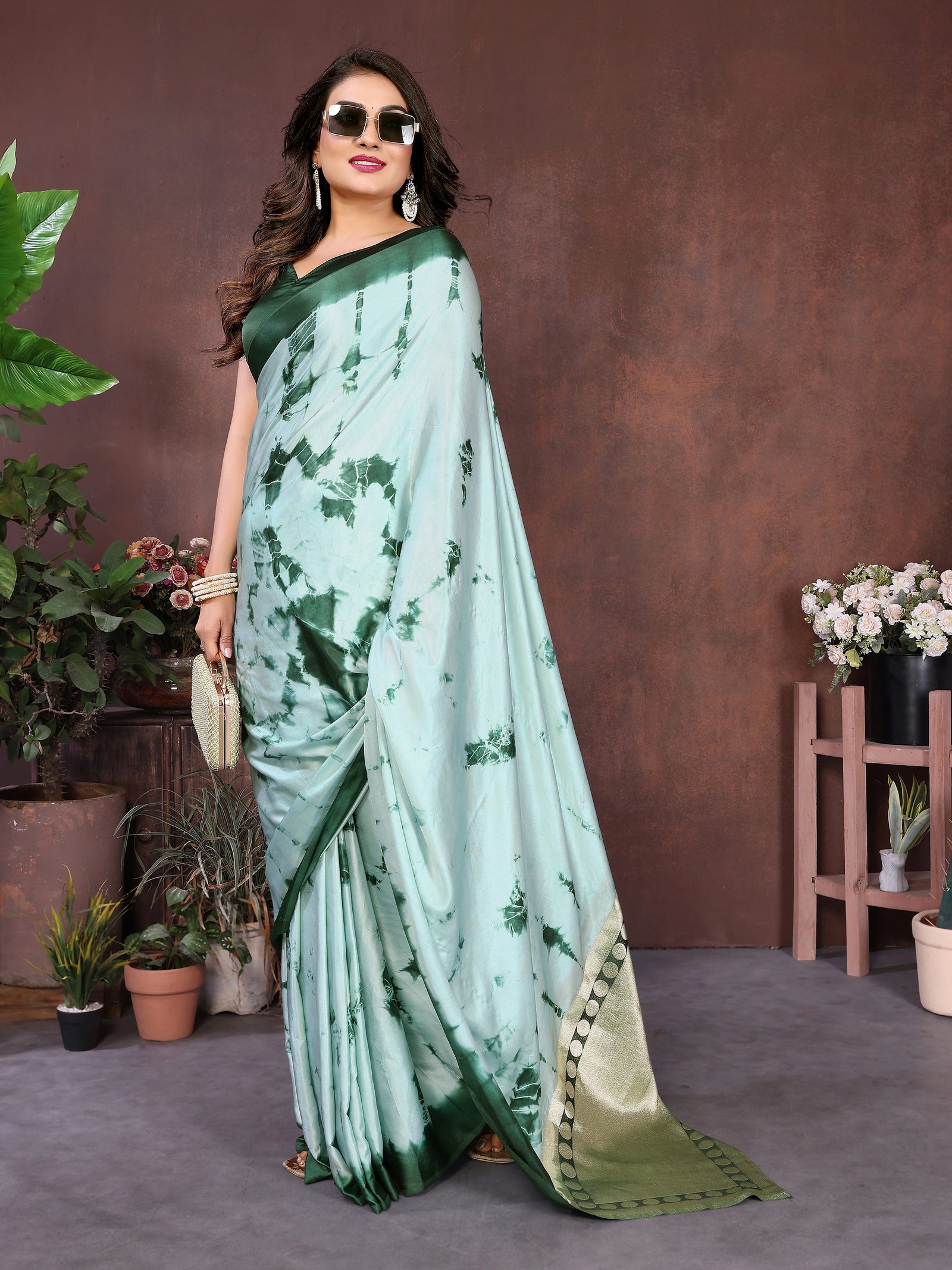 Green Sibori Work Soft Satin Silk Saree - kalyanja