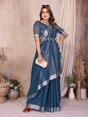 Blue Zari Border Soft Linen Cotton Saree