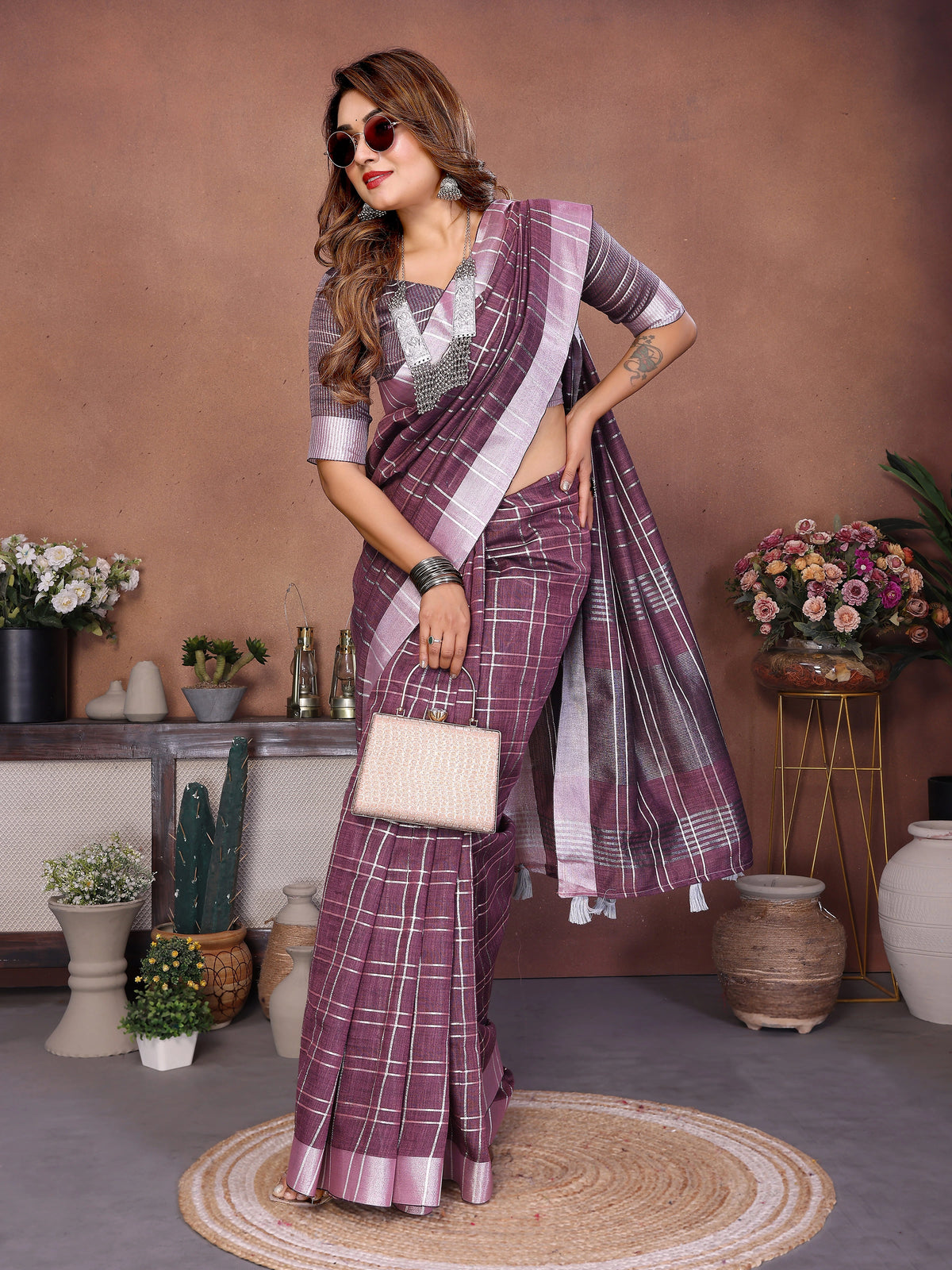 Purple Ached Weaving Soft Linen Saree – Kalyanja
