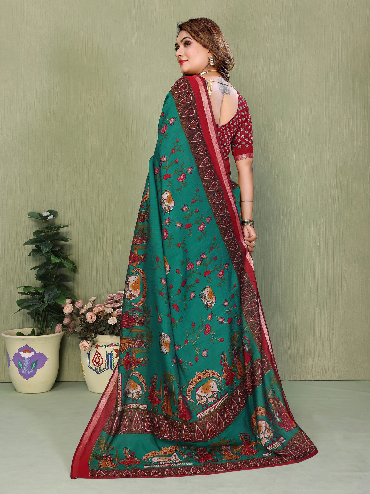 Kalamkari print green Mul cotton saree – Kalyanja.