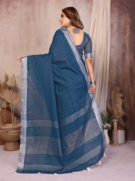 Blue Zari Border Soft Linen Cotton Saree