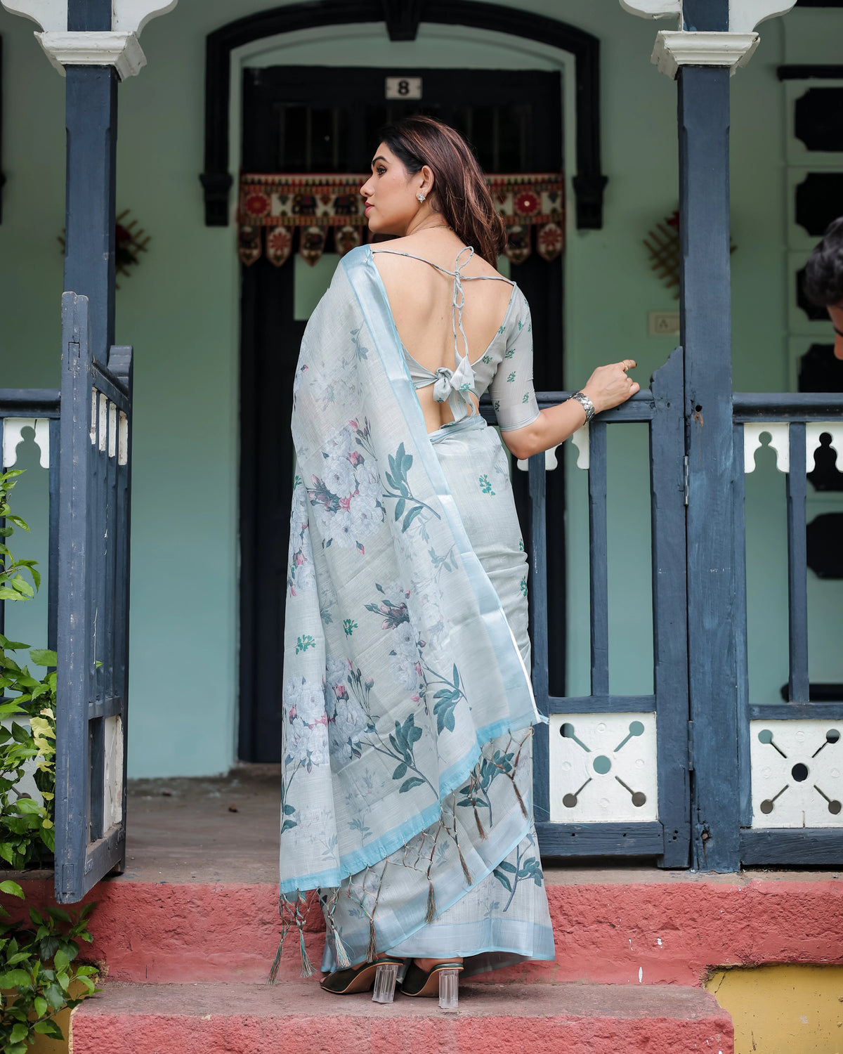 sky blue linen cotton saree