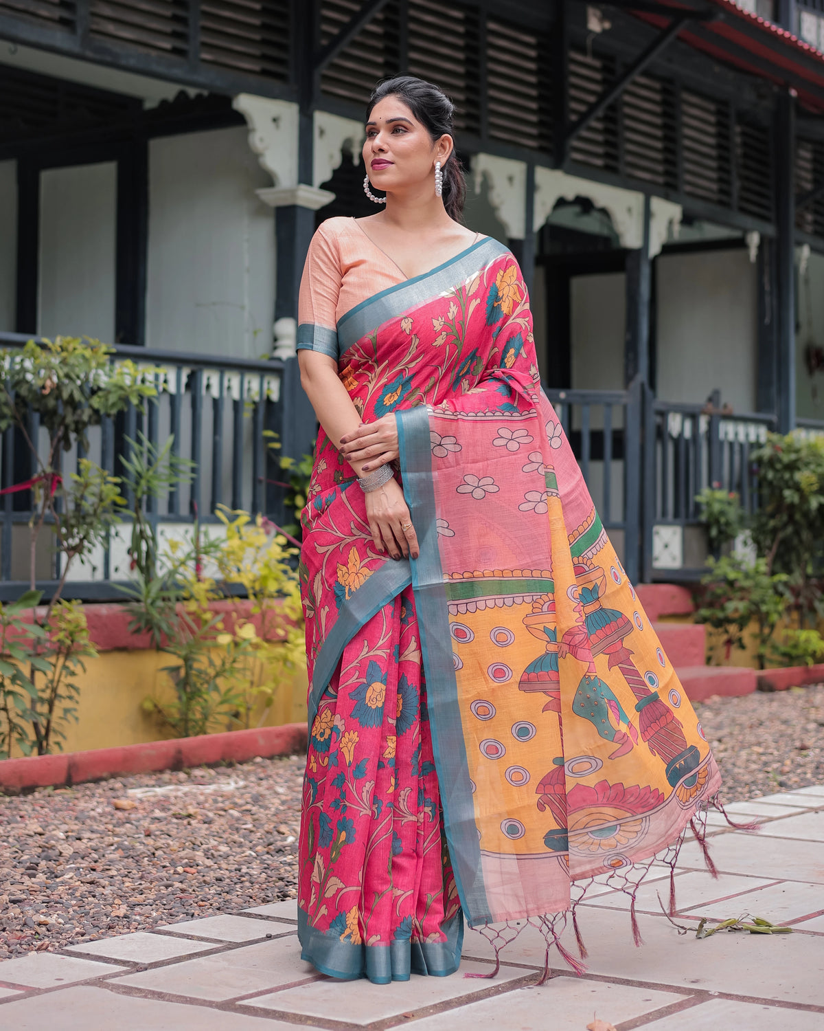 Dark Pink Floral Print Linen Cotton Saree