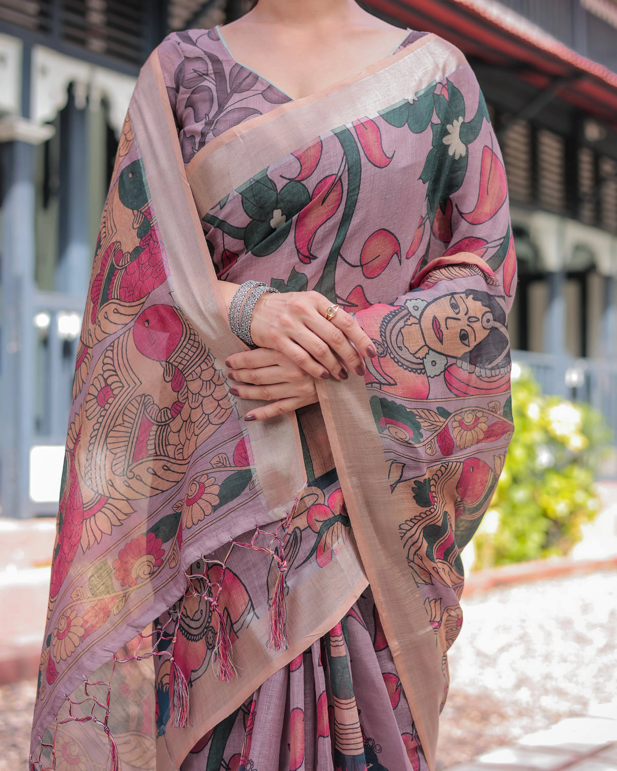 Aleena Artistic Madhubani Motif Soft Linen Cotton Saree – Kalyanja
