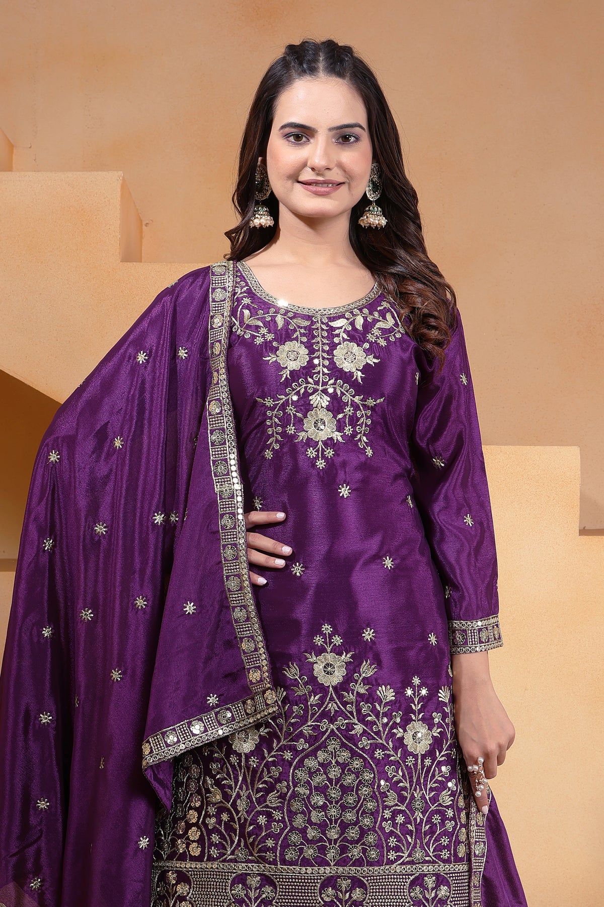 Wine Sequins Embroidery Work Chinon Suit – Kalyanja

