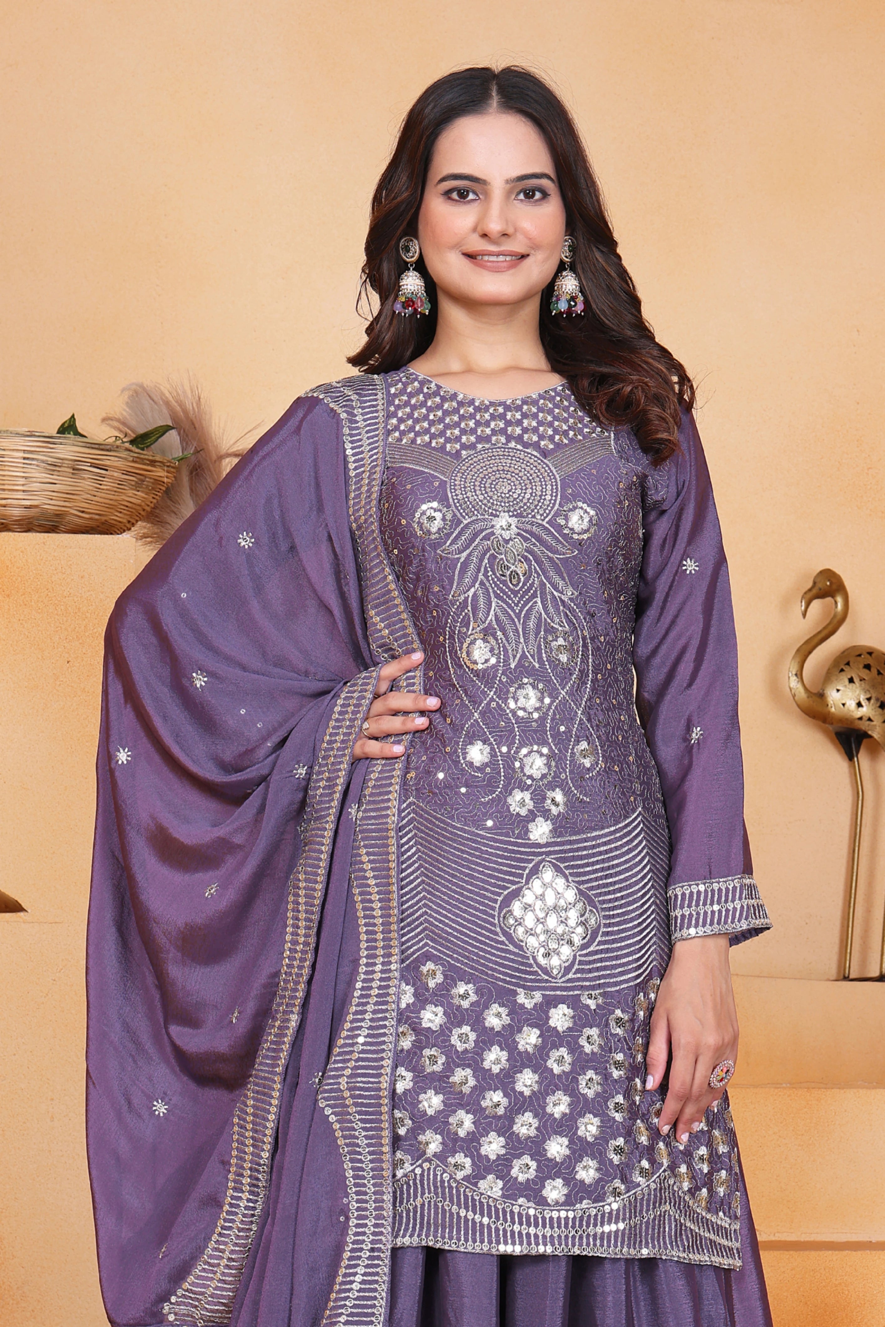 Lavender Sequins Embroidery Work Chinon Suit