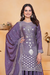 Lavender Sequins Embroidery Work Chinon Suit