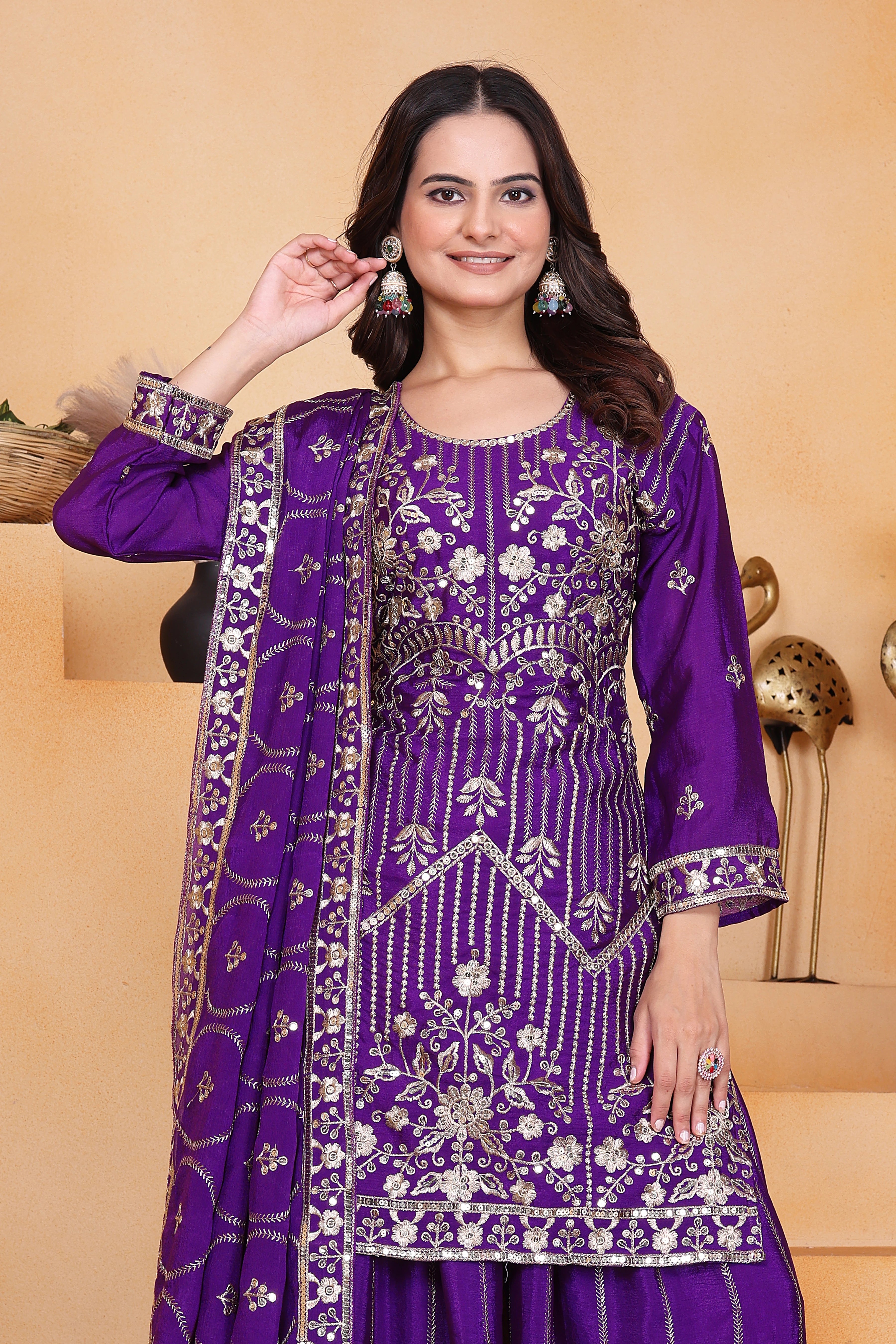 Purple Sequins Embroidery Work Chinon Silk Suit