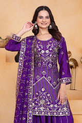 Purple Sequins Embroidery Work Chinon Silk Suit