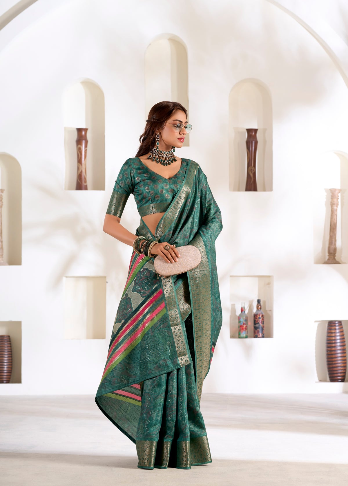 Sea Green Foli Print Soft Dola Silk Saree