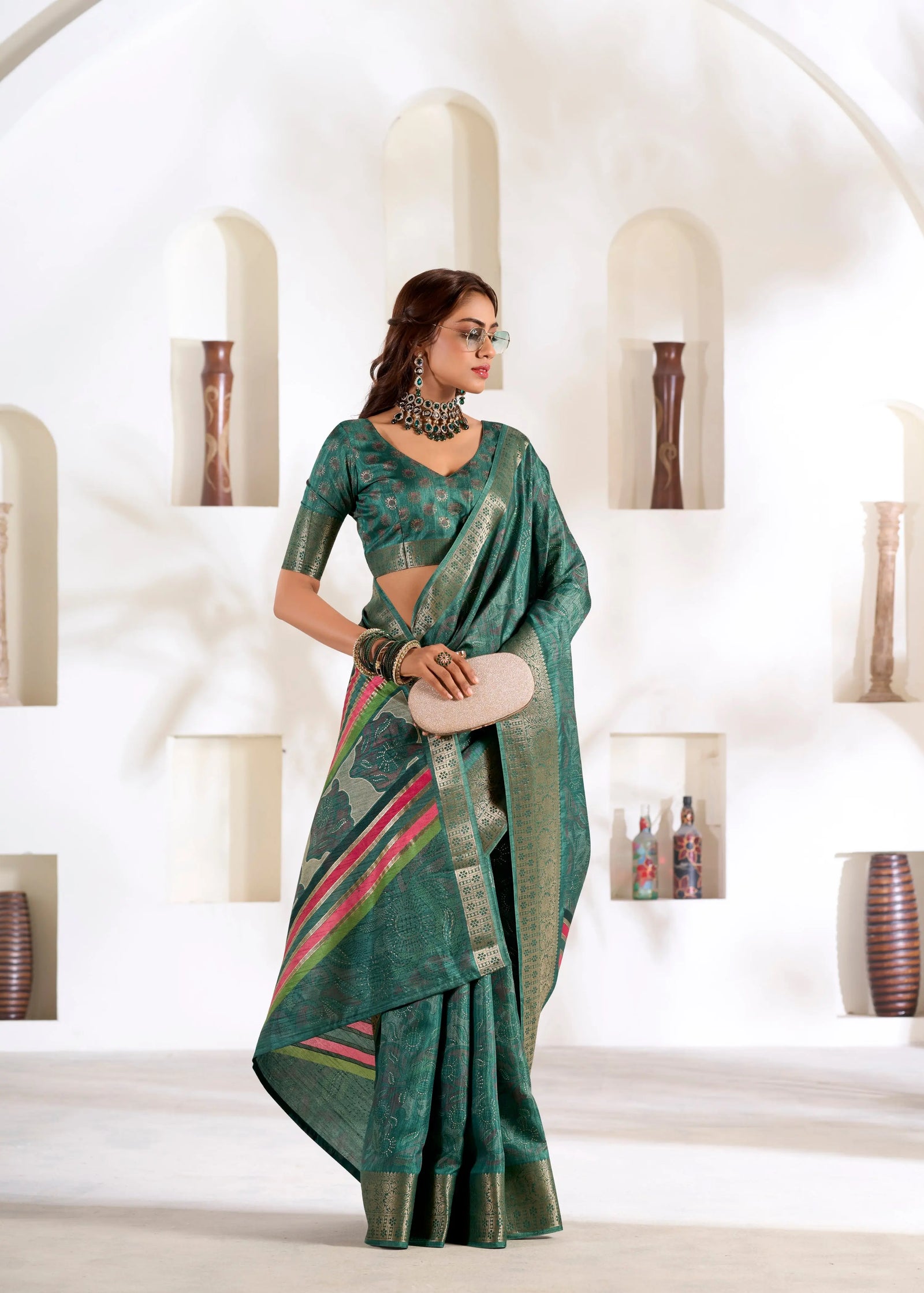 Sea Green Foli Print Soft Dola Silk Saree