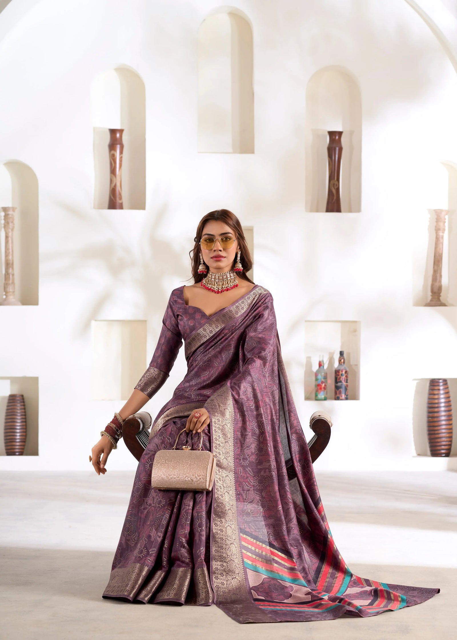 Purple Foli Print Soft Dola Silk Saree