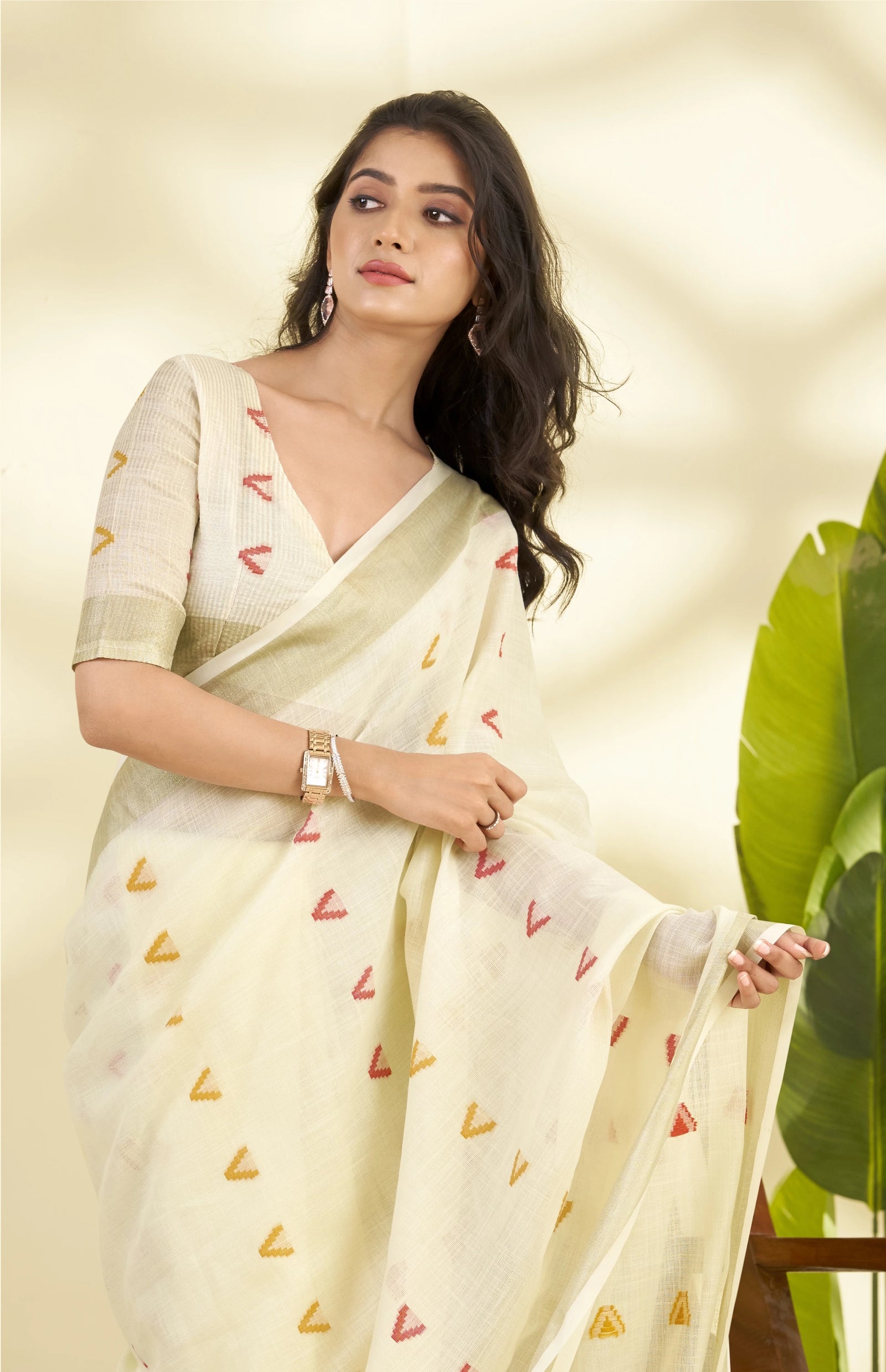 beige handloom style weaving linen silk saree - kalyanja