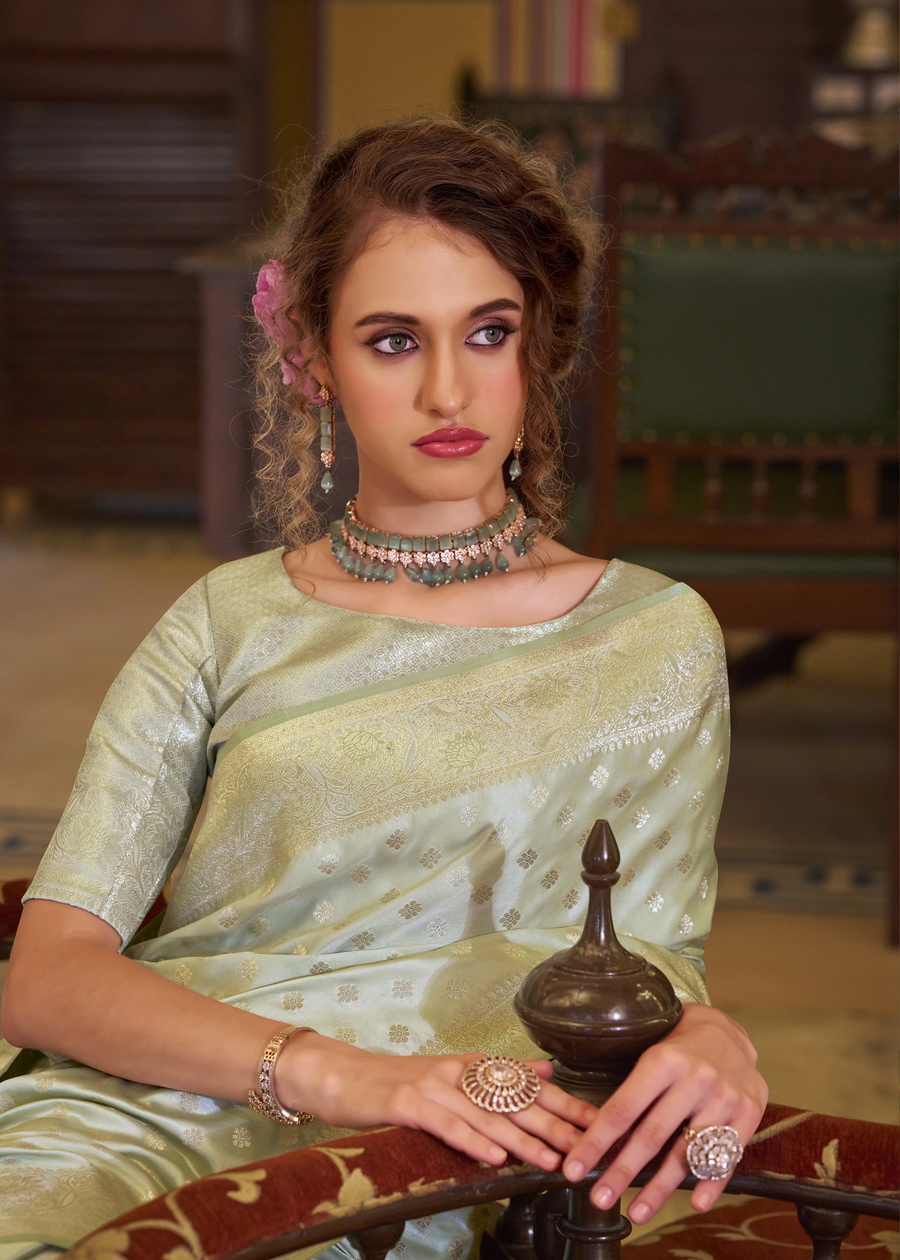Gray Embroidery Work Satin Banarasi Silk Saree