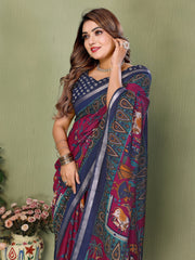 Magenta Mul Cotton Kalamkari Print Saree