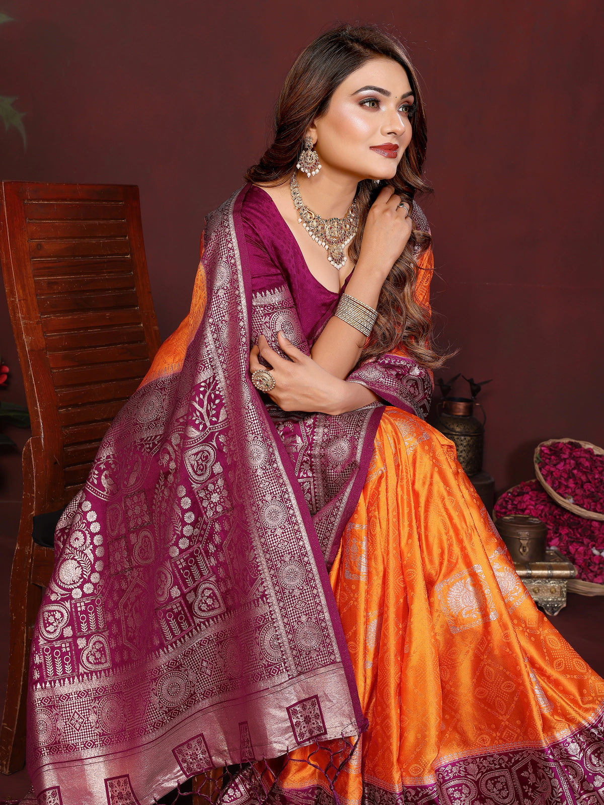 Orange Handloom Satin Silk Saree