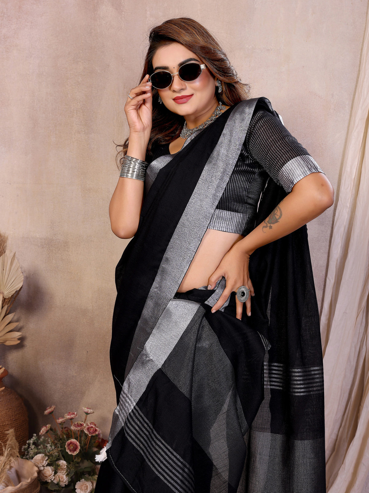 Black Zari Border Soft Linen Cotton Saree - kalyanja