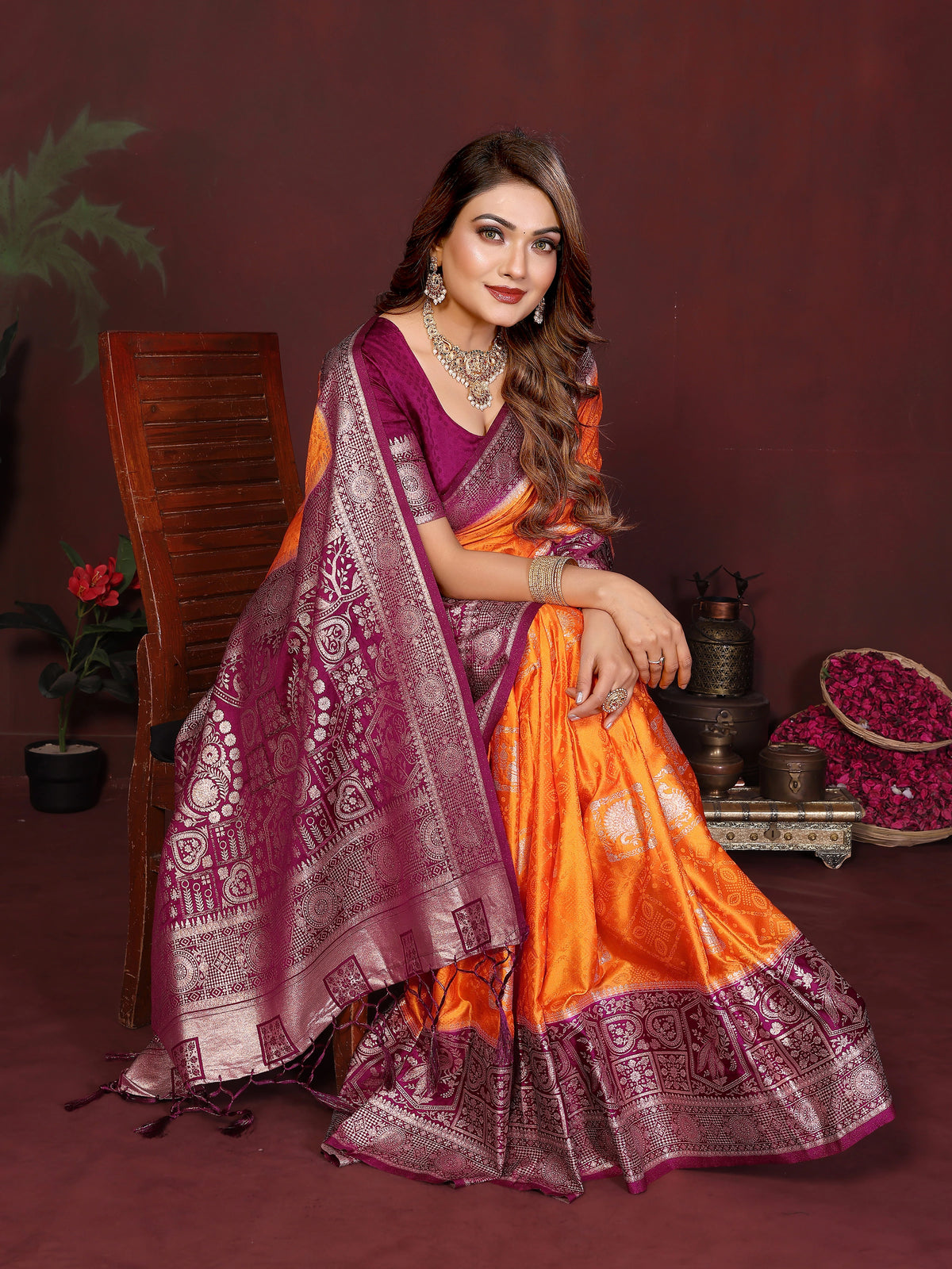 Orange Handloom Satin Silk Saree