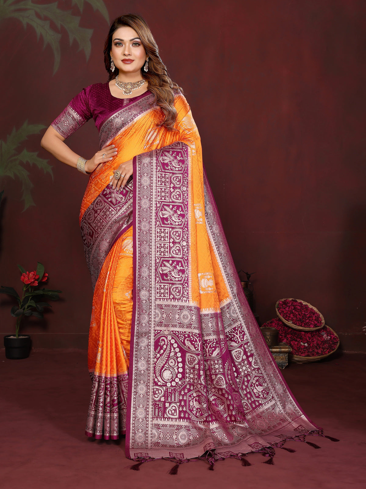 Orange Handloom Satin Silk Saree