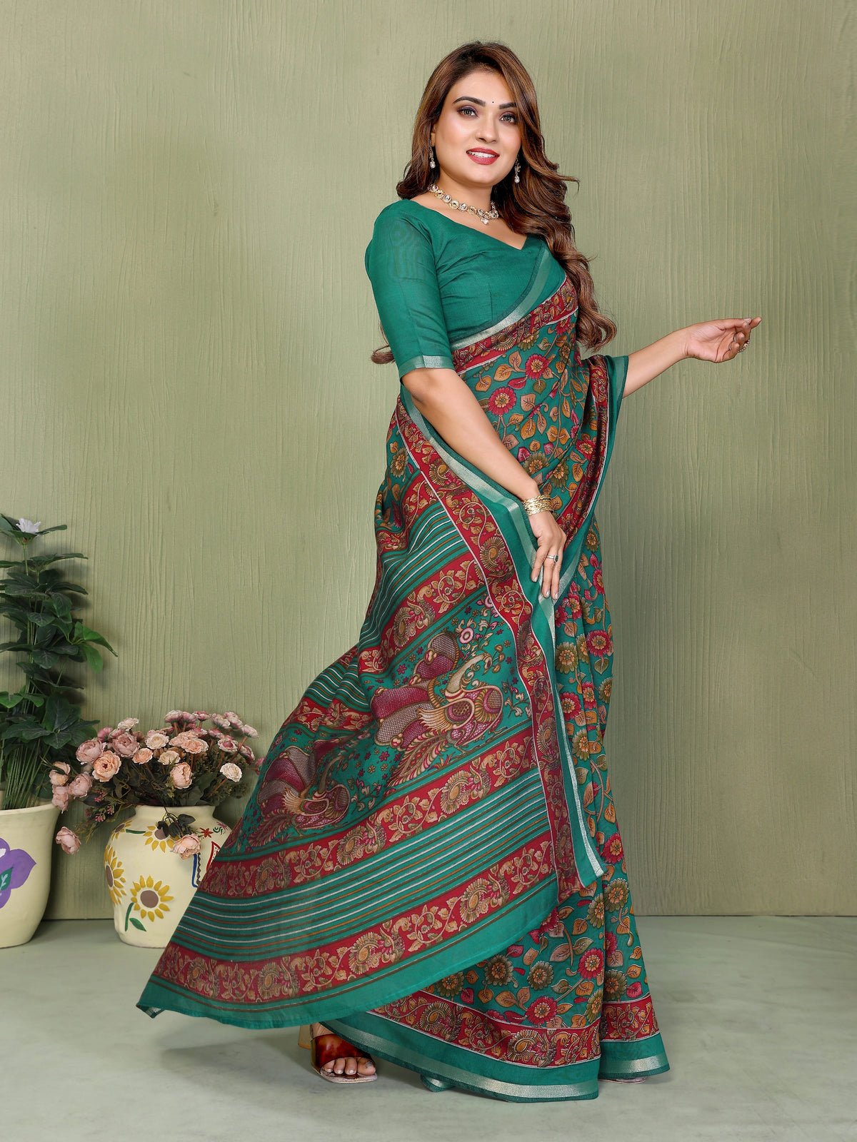 Green Kalamkari Print Mul Cotton Saree - kalyanja