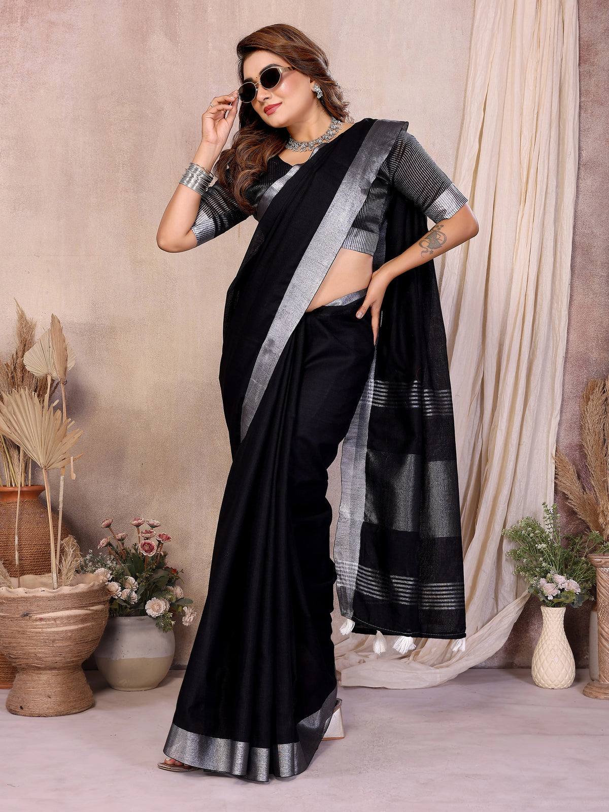Black Zari Border Soft Linen Cotton Saree