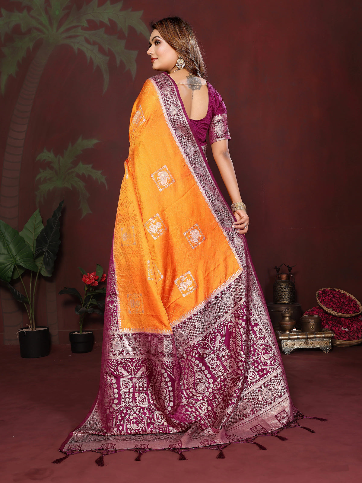 Orange Handloom Satin Silk Saree