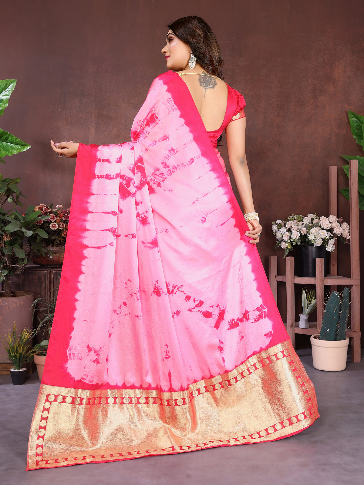 Dark Pink Sibori Work Soft Satin Silk Saree
