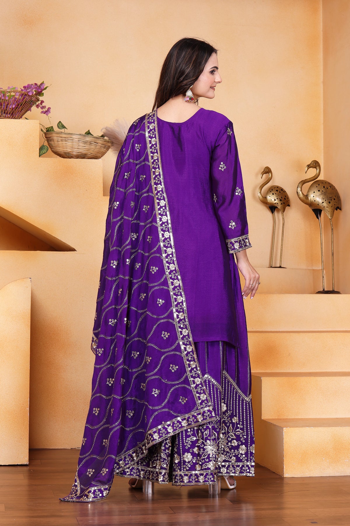 Purple Sequins Embroidery Work Chinon Silk Suit